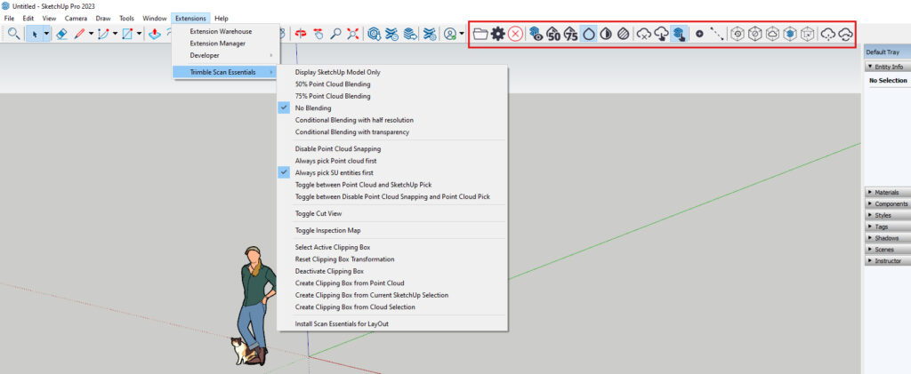 Point Cloud settings in SketchUp Studio showing the tool bar.