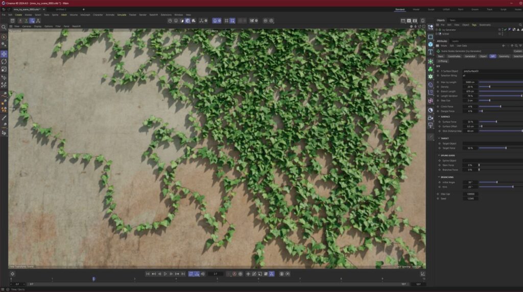 A screenshot of Cinema 4D's Ivy Generator tool, showing a wall with realistic Ivy. 