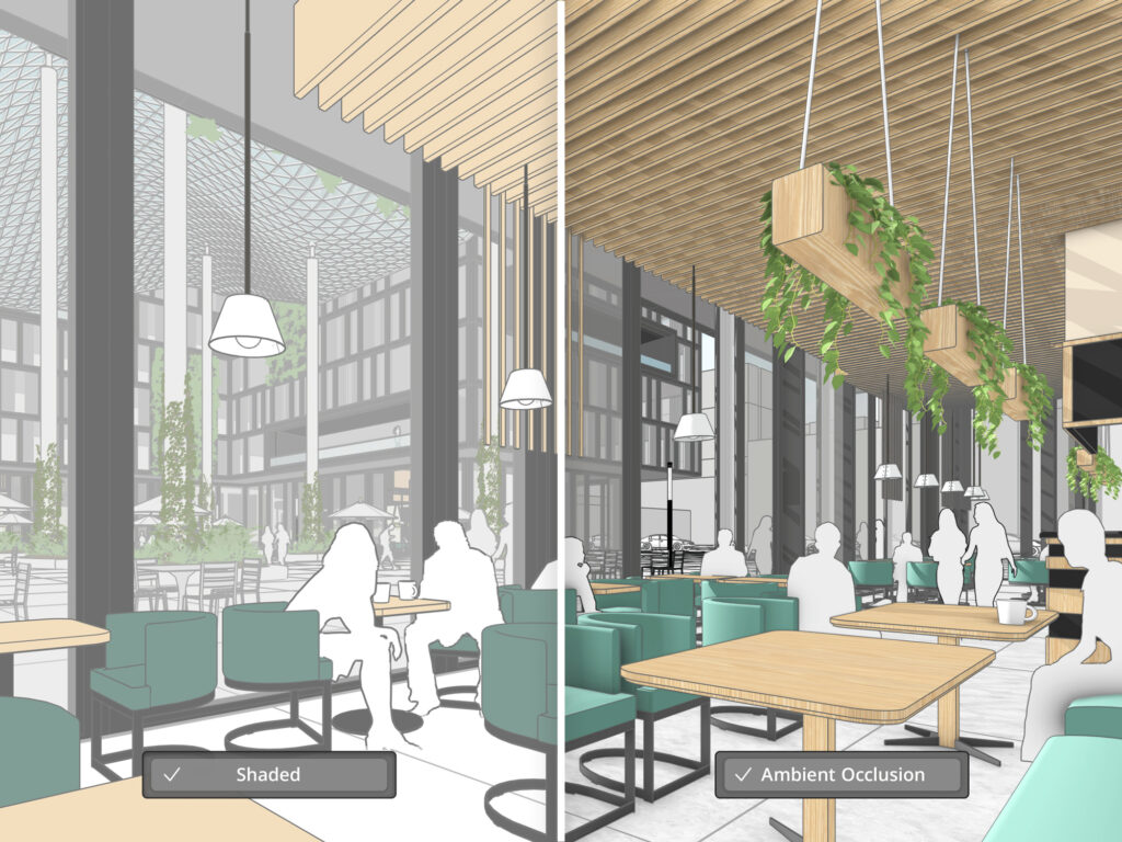 A before and after of SketchUp's Ambient Occlusion shown on the image of a Cafe.