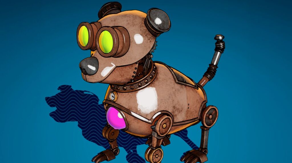 An image of a robotic dog rendered in a cartoon style in Redshift. Credit: Something’s Awry